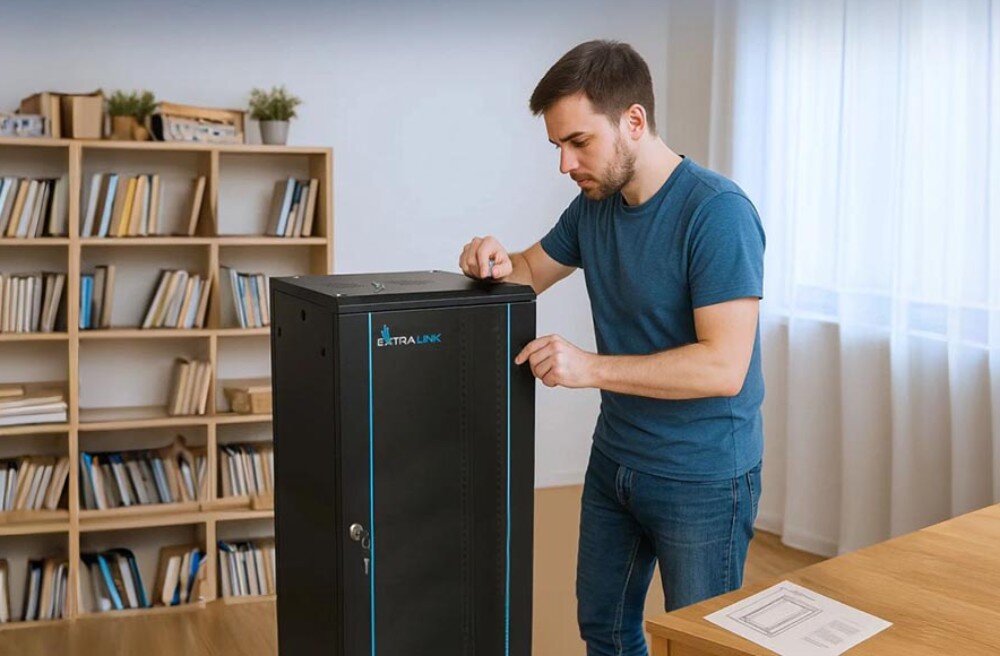 Szafa RACK EXTRALINK 19 15U EX.14343 600 x 600 mm Mężczyzna montuje czarną szafę rack stojącą na podłodze w jasnym pokoju z regałem pełnym książek w tle, montaż, składanie, serwis