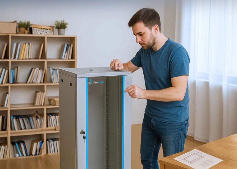 Szafa RACK EXTRALINK 19 15U EX.14350 600 x 600 mm Mężczyzna montuje szarą szafę rack stojącą na podłodze w jasnym pokoju z regałem pełnym książek w tle, montaż, składanie, serwis
