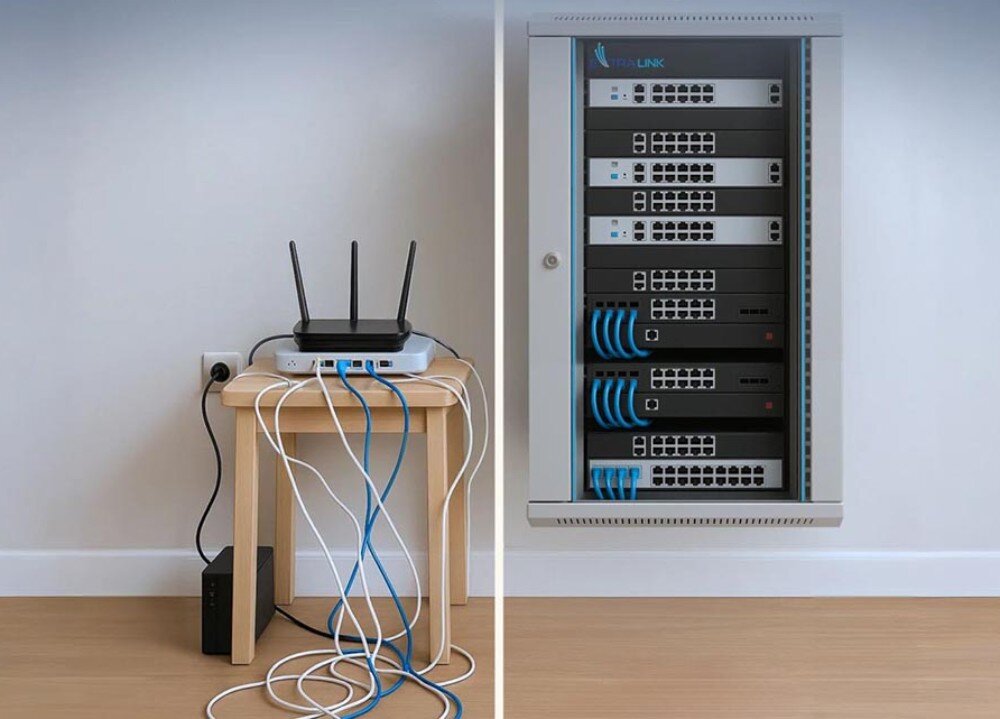 Szafa RACK EXTRALINK 19 15U EX.14336 600 x 450 mm Porównanie dwóch sposobów organizacji sprzętu sieciowego: po lewej stolik z routerem i plątaniną kabli, po prawej uporządkowany zestaw urządzeń w szarej wiszącej szafie rack na ścianie, opis