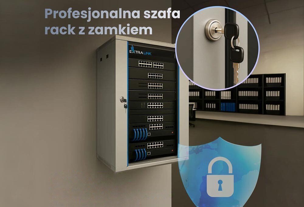 Szafa RACK EXTRALINK 19 15U EX.14336 600 x 450 mm Szara wisząca szafa rack z zamontowanym sprzętem sieciowym na ścianie biura, z powiększeniem zamka z kluczykami oraz grafiką niebieskiej tarczy z kłódką, materiał, wykonanie, drzwi, zamek