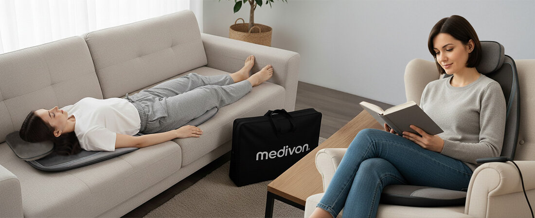 Mata masująca MEDIVON Cosy Shiatsu Kojący masaż wibracyjny szybko redukują bóle stawów i migreny czas Funkcja rozgrzewania zdjęcie lifestyle