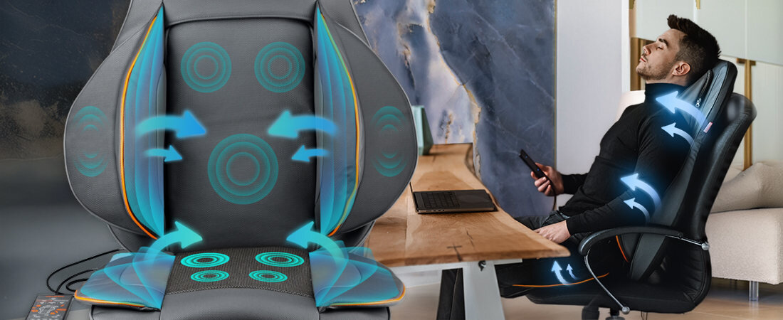 Mata masująca MEDIVON Cosy Air Pro Technologia Shiatsu zdjęcie lifestyle Głęboki masaż uciskowy Shiatsu delikatny powierzchniowy masaż powietrzny ostukujący masaż wibracyjny Symulacja ruchu rąk masażysty 