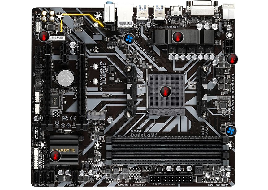 Płyta główna GIGABYTE B450M DS3H V2 cztery sloty DIMM pamięci RAM DDR4