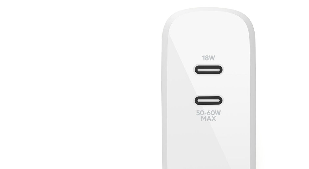 Ładowarka sieciowa BELKIN USB-C GaN WCH003VFWH 63 W (45 W + 18 W) z dwoma portami USB-C smukło elegancko model wymiary firma