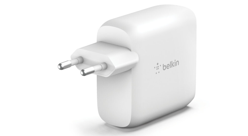 Ładowarka sieciowa BELKIN USB-C GaN WCH003VFWH 63 W (45 W + 18 W) z dwoma portami USB-C dwa porty dwa urządzenia ładowanie szybkość niezawodność