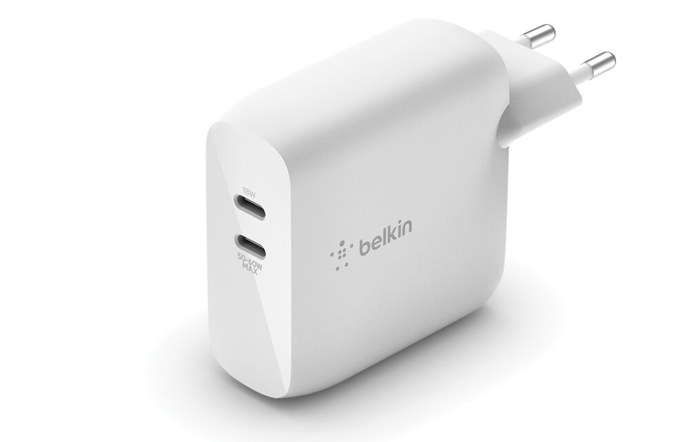 Ładowarka sieciowa BELKIN USB-C GaN WCH003VFWH 63 W (45 W + 18 W) z dwoma portami USB-C bezpieczne urządzenia czujnik przeciwprzepięciowy