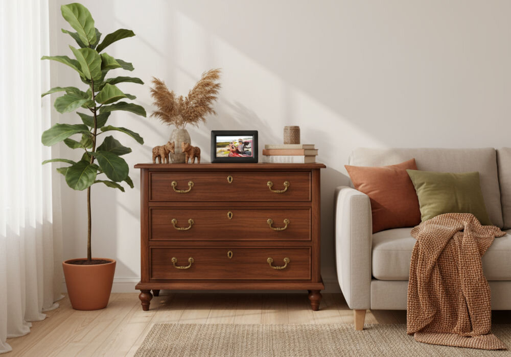 Ramka cyfrowa AGFAPHOTO APF700 Czarny prezentacja ramki na komodzie w jasnym pokoju