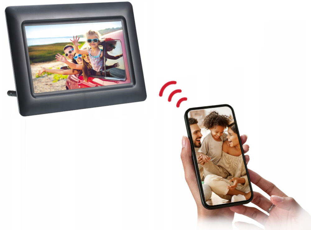 Ramka cyfrowa AGFAPHOTO APF700 Czarny prezentacja ramki ze zdjęciem od przodu na białym tle obok telefon z włączoną aplikacją Frameo sieć wspomnień łączy pokolenia i wzmacnia relacje