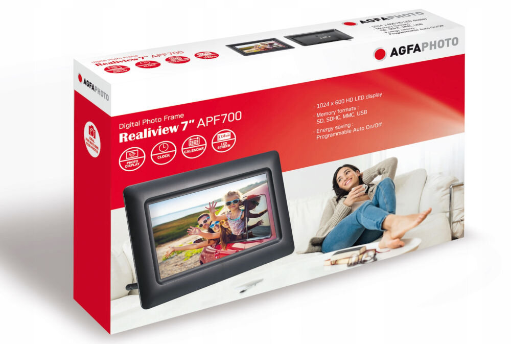 Ramka cyfrowa AGFAPHOTO APF700 Czarny prezentacja opakowania ramki pod kątem na białym tle inteligentny czujnik ruchu programowanie godzin działania oszczędność energii