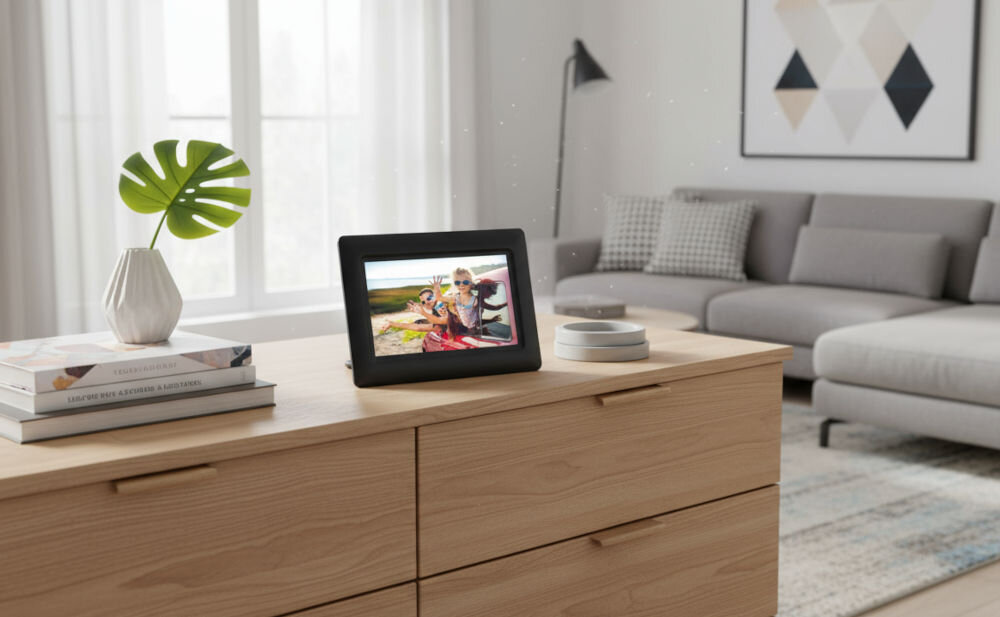 Ramka cyfrowa AGFAPHOTO APF700 Czarny prezentacja ramki na komodzie w jasnym pokoju wbudowany kalendarz zegar stacja pogody funkcjonalność