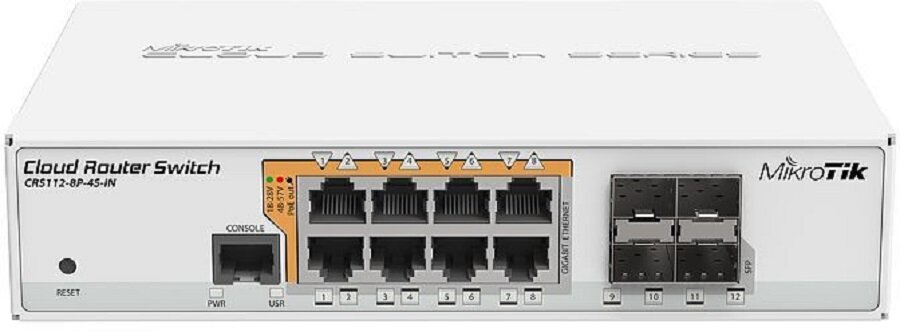 Switch MIKROTIK CRS112-8P-4S-IN - łatwośc obsługi czytelny opis wejść 8 wejść RJ-45 4 wejściaSFP