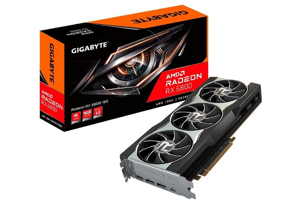 Karta graficzna GIGABYTE Radeon RX 6800 16GB - wygląd ogólny opakowanie wyższy poziom grafiki 16GB pamięci GDDR6 Full HD Quad HD Ultra HD