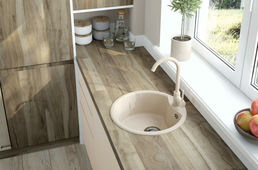 DEANTE Nemezja BEN 562M wykończenie beżowe nakrapiane granit minimalistyczny design elegancki kształt nowoczesna kuchnia tradycyjna aerator strumień