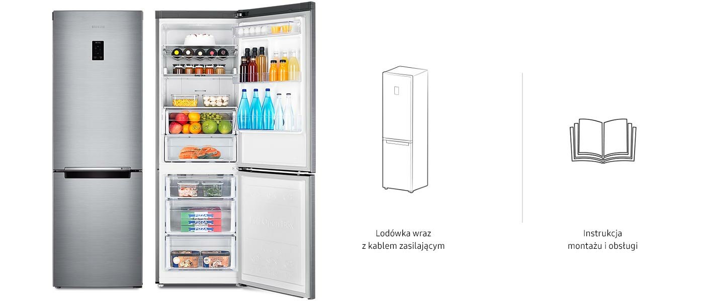 Lodówka RB30J3215S9 zamknięta i otwarta na oścież, obok szkic lodówki z kablem i szkic instrukcji obsługi