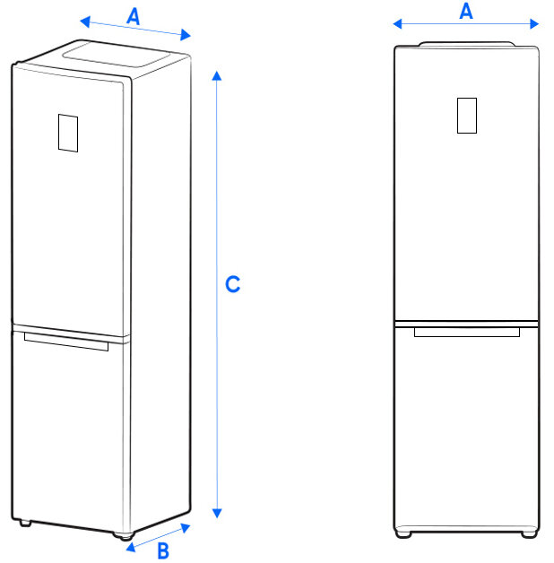 Rysunek techniczny lodówki - rzut urządzenia od frontu i z półprofilu