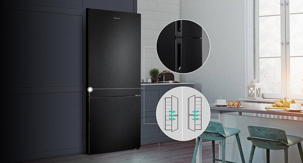 Lodowka HISENSE RB645N4BIE No frost 200cm Czarna zmiana kierunku otwierania drzwi design