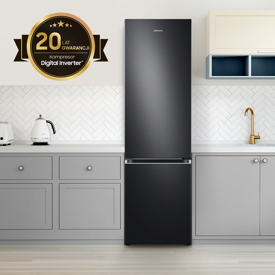 Badge z informacją o 20-letniej gwarancji na kompresor Digital Inverter towarzyszy zdjęciu lodówki w kolorze grafitowej stali