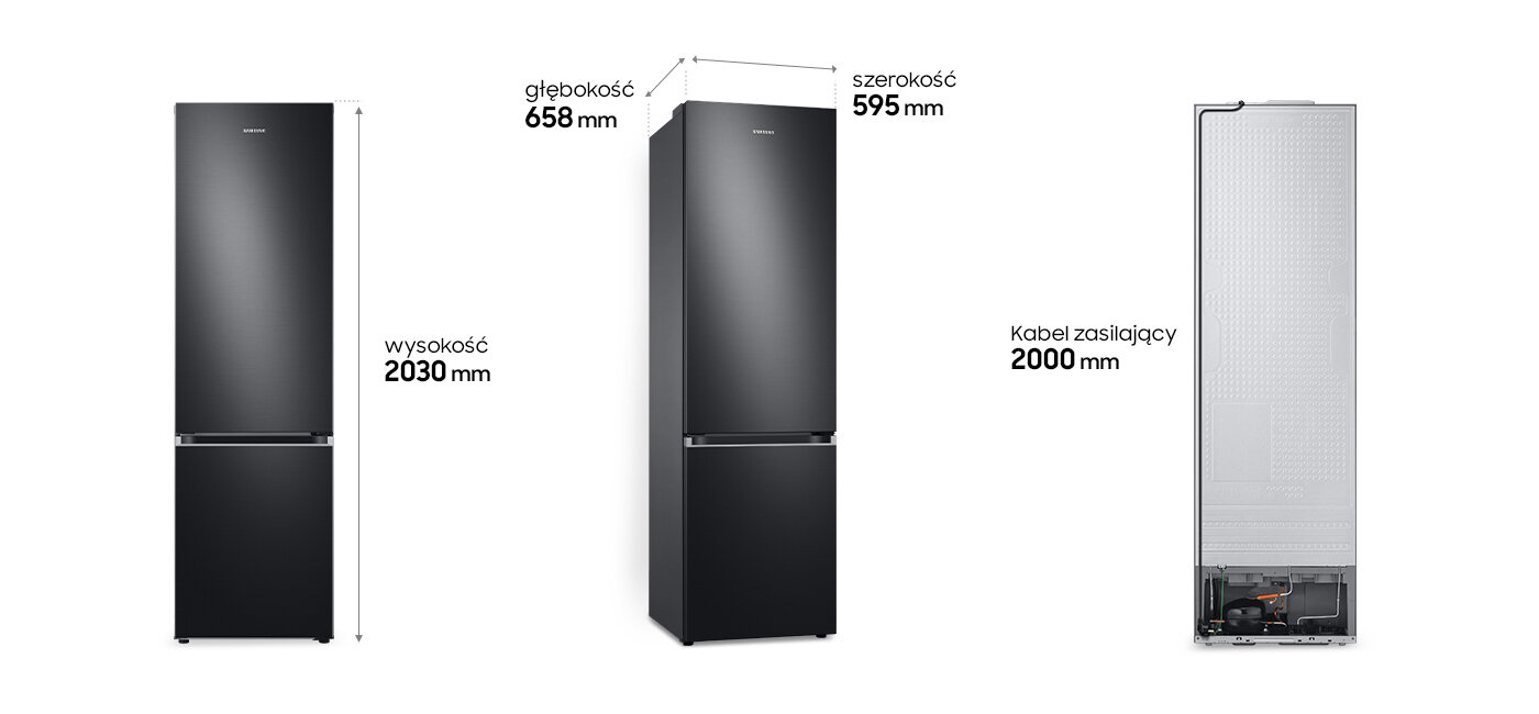 Czytelny sposób przedstawienia najważniejszych wymiarów lodówki Samsung z oferty Media Expert