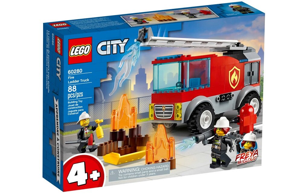 LEGO City Wóz strażacki z drabiną 60280 - 88 elementów dla dzieci od 4 lat Freyia McCloud i strażaka spełsnia standardy bezpieczenstwa i jakości