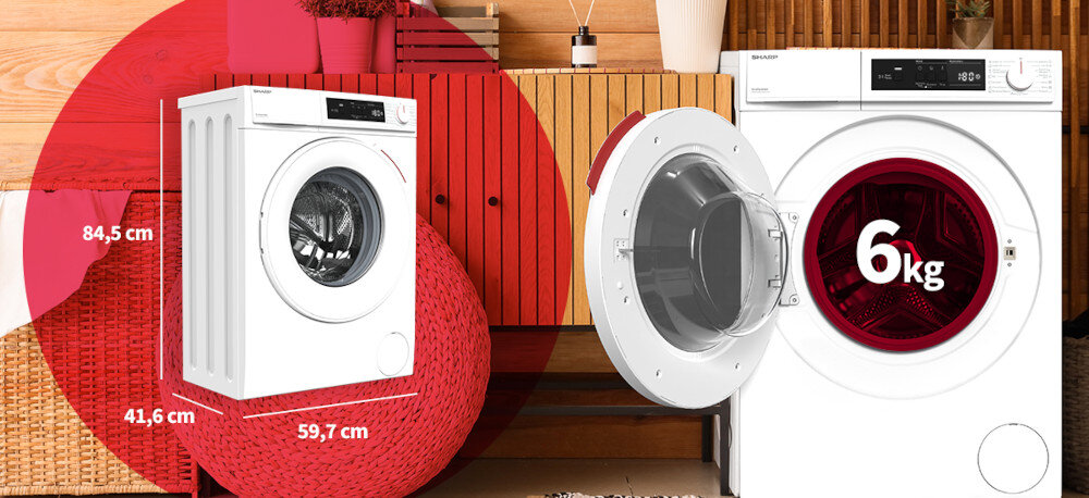 PRALKA SHARP ES-HFM6102WD Pralka zaprezentowana jest z otwartymi drzwiczkami oraz oznaczonymi wymiarami: 84,5 × 41,6 × 59,7 cm. Zdjęcie podkreśla pojemność bębna 6 kg kompaktowa pralka slim głębokość 41,6 cm pojemność 6 kg mała łazienka oszczędność miejsca