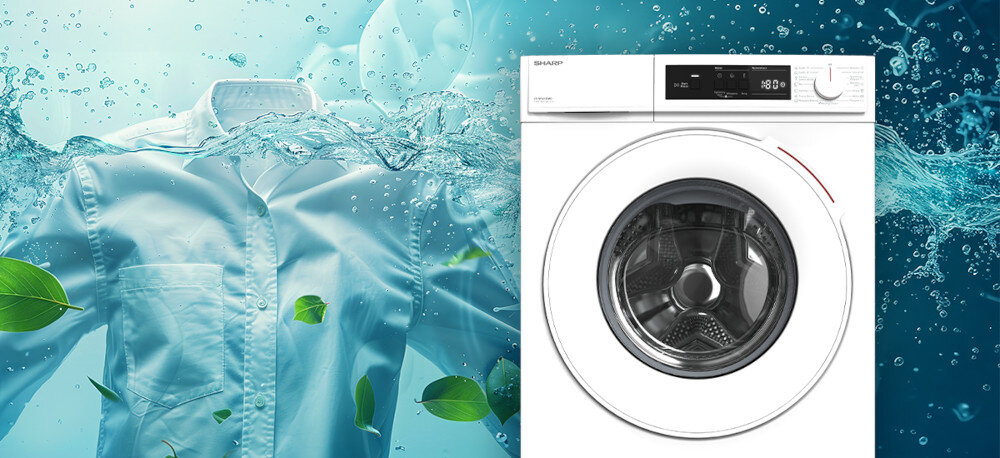 PRALKA SHARP ES-HFM6102WD Koszula zanurzona w wodzie obok pralki obrazuje skuteczne i odświeżające pranie. Zdjęcie akcentuje czystość i ochronę tkanin Eco Logic oszczędność energii oszczędność wody automatyczne dopasowanie ekonomiczne pranie