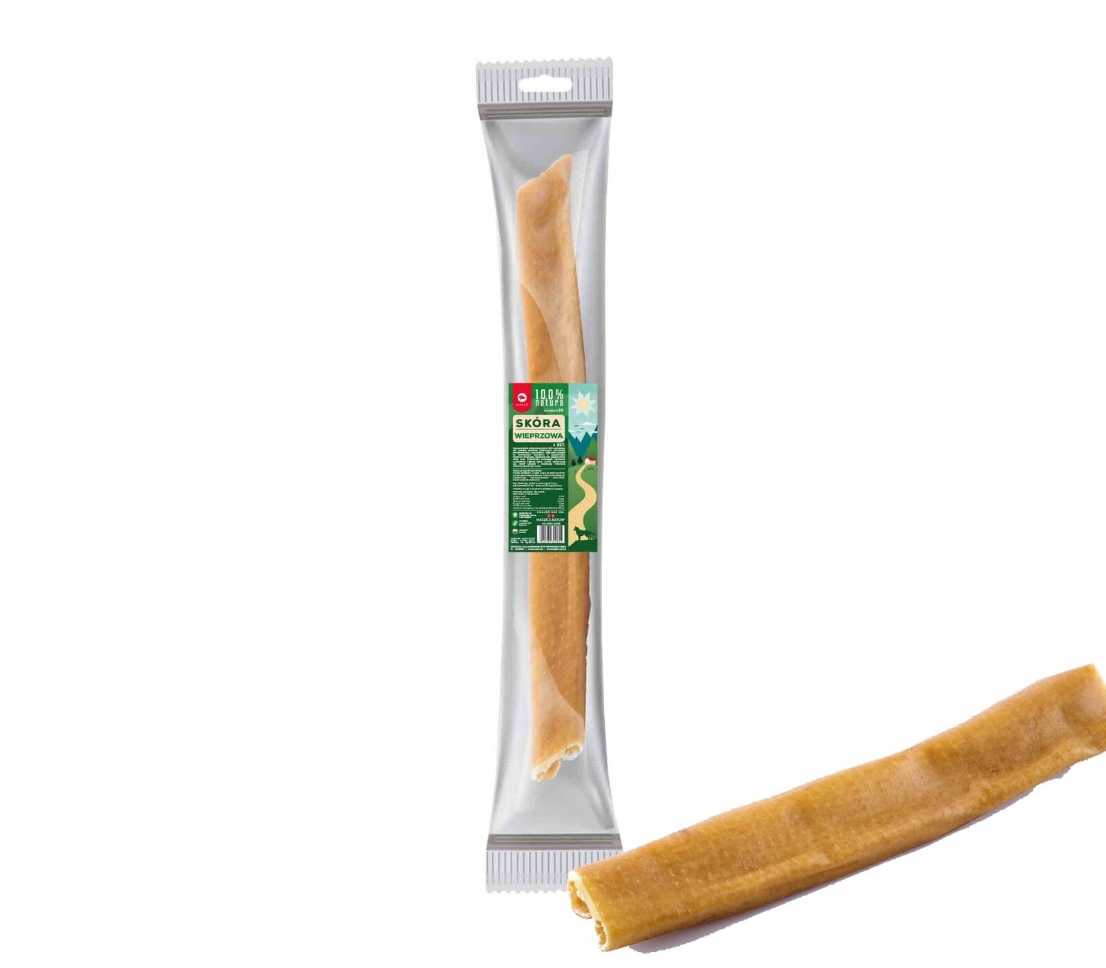 Opakowanie zawiera gryzak dla psa z wieprzowej skóry, oznaczone etykietą z napisem \'100% Natura Skóra Wieprzowa\'. Produkt jest zapakowany w przezroczystą folię z zieloną etykietą.