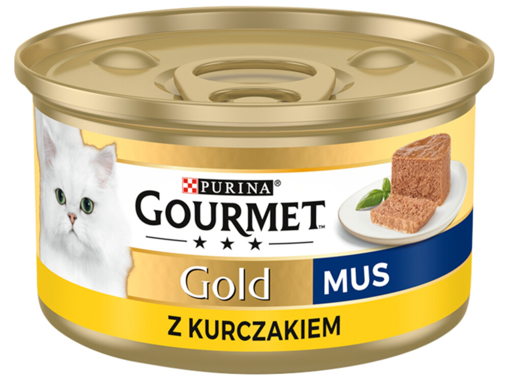 Karma dla kota GOURMET Gold Mus Kurczak 85 g puszka karmy na białym tle pełnoporcjowa karma dla dorosłych kotów wyrazisty smak mięsa delikatną, gładką konsystencją musu Aksamitna struktura
