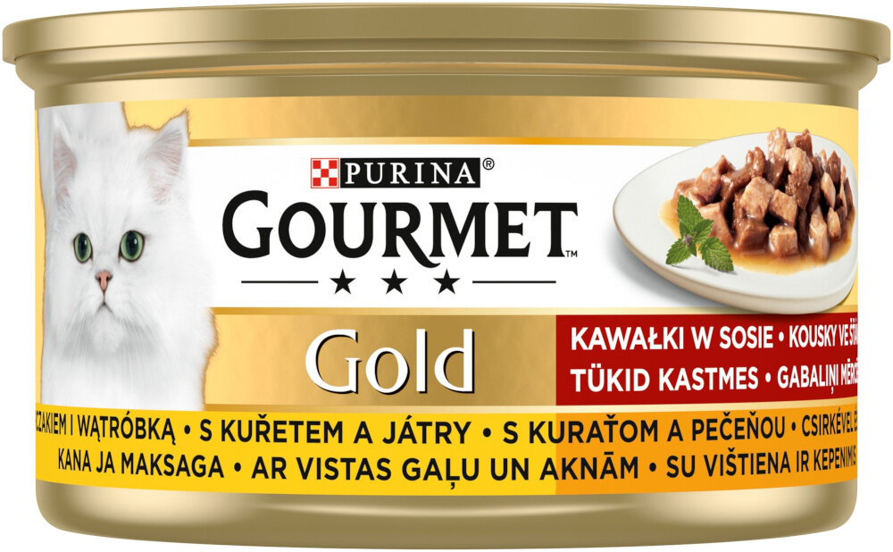 Karma dla kota GOURMET Gold Kurczak i wątróbka 85 g puszka karmy na białym tle pełnoporcjowe danie w formie smakowitych kąsków aksamitnym, brązowym sosie o wyrazistym smaku i atrakcyjnej konsystencji dla kotów o szczególnie wybrednym podniebieniu