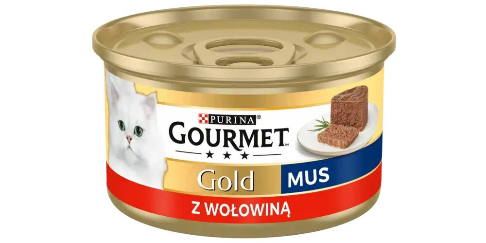 Karma dla kota GOURMET Gold Mus z wołowiną 85 g puszka karmy na białym tle pełnoporcjowa karma dla dorosłych kotów wyrazisty smak mięsa delikatną, gładką konsystencją musu Aksamitna struktura