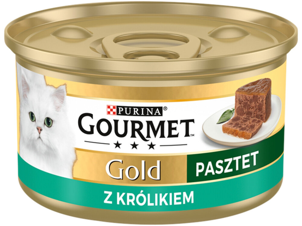 Karma dla kota GOURMET Gold Pasztet Królik 85 g puszka karmy na białym tle mokra karma dla dorosłych kotów smak mięsa z delikatną konsystencją aksamitnego pasztetu Drobno posiekane kawałki królika Starannie opracowana receptura