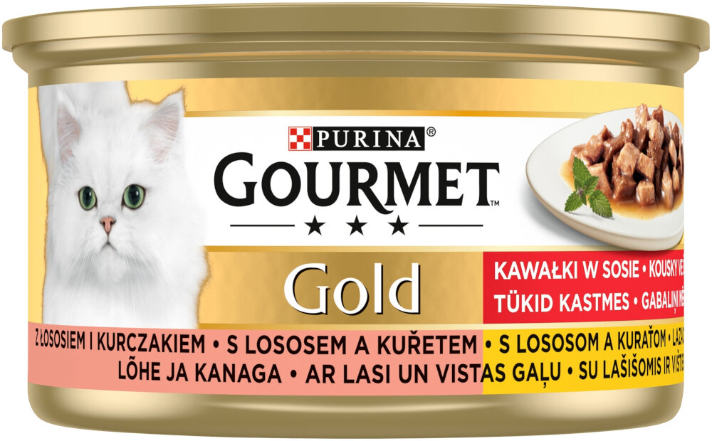 Karma dla kota GOURMET Gold Łosoś i kurczak 85 g puszka karmy na białym tle pełnoporcjowe danie w formie smakowitych kąsków aksamitnym, brązowym sosie o wyrazistym smaku i atrakcyjnej konsystencji dla kotów o szczególnie wybrednym podniebieniu