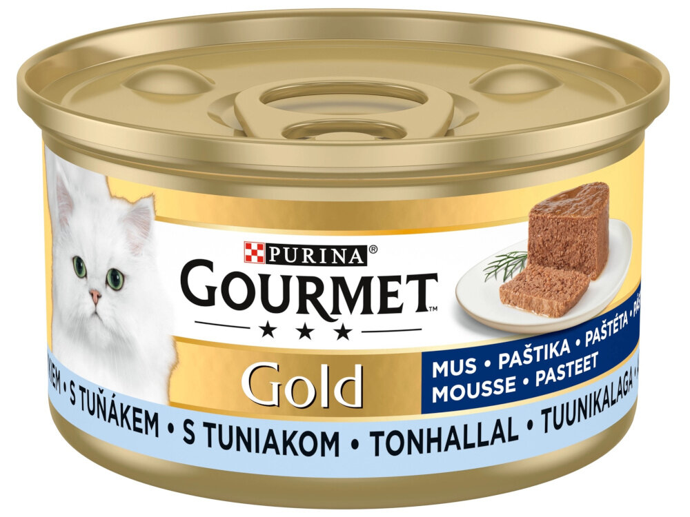 Karma dla kota GOURMET Gold Mus z tuńczykiem 85 g puszka karmy na białym tle pełnoporcjowa karma dla dorosłych kotów wyrazisty smak mięsa delikatną, gładką konsystencją musu Aksamitna struktura