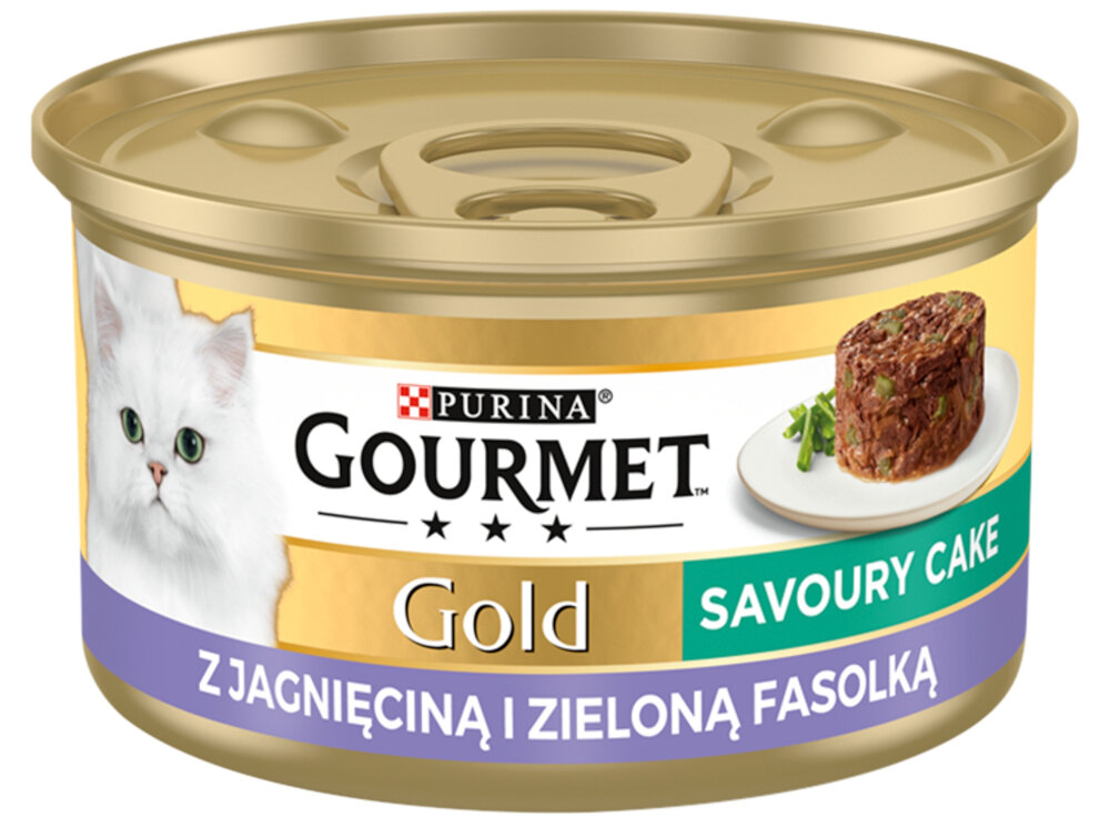 Karma dla kota GOURMET Gold Savoury Cake Jagnięcina i zielona fasola 85 g GOURMET Gold Savoury Cake z jagnięciną i zieloną fasolą mokra karma dla kotów kawałki mięsa z dodatkiem warzyw i delikatnego sosu dla kotów aromatyczne jedzenie zróżnicowane doznania smakowe