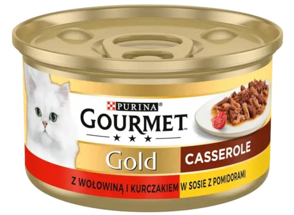 Karma dla kota GOURMET Casserole Kaczka z indykiem 85 g puszka karmy na białym tle pełnoporcjowe danie w formie smakowitych kąsków aksamitnym, brązowym sosie o wyrazistym smaku i atrakcyjnej konsystencji dla kotów o szczególnie wybrednym podniebieniu