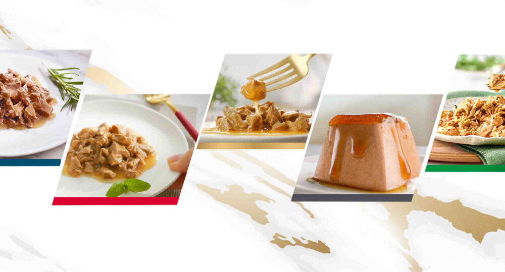 Karma dla kota GOURMET Casserole Kaczka z indykiem 85 g kolaż zdjęć z karmą skład kaczka 4% indyk 4%