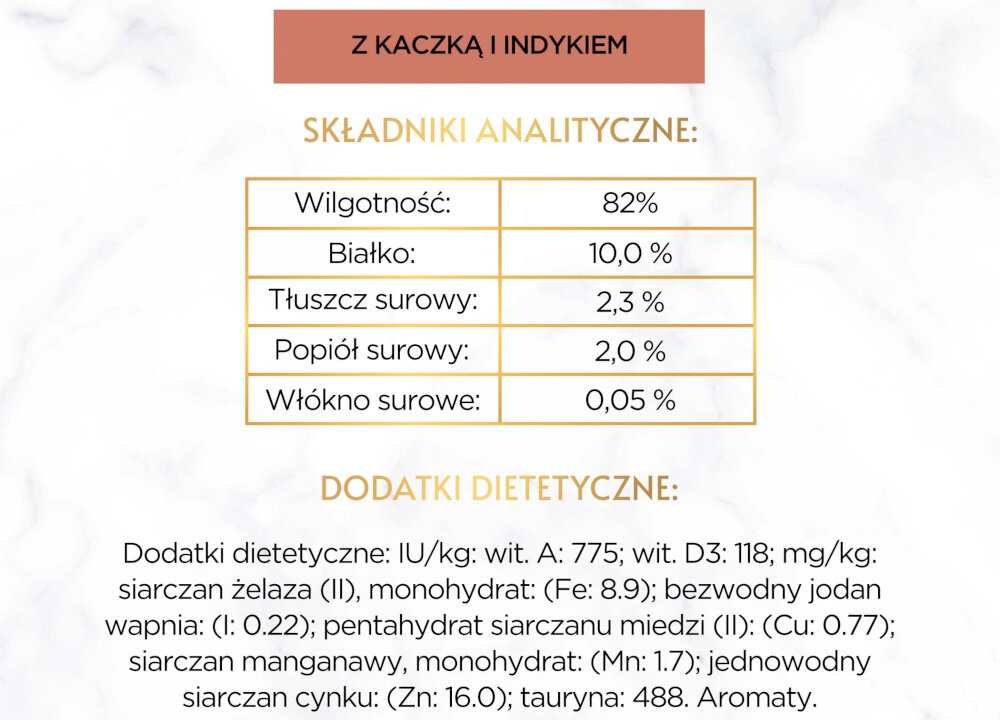 Karma dla kota GOURMET Casserole Kaczka z indykiem 85 g tabelka ze składem składniki analityczne dodatki dietetyczne