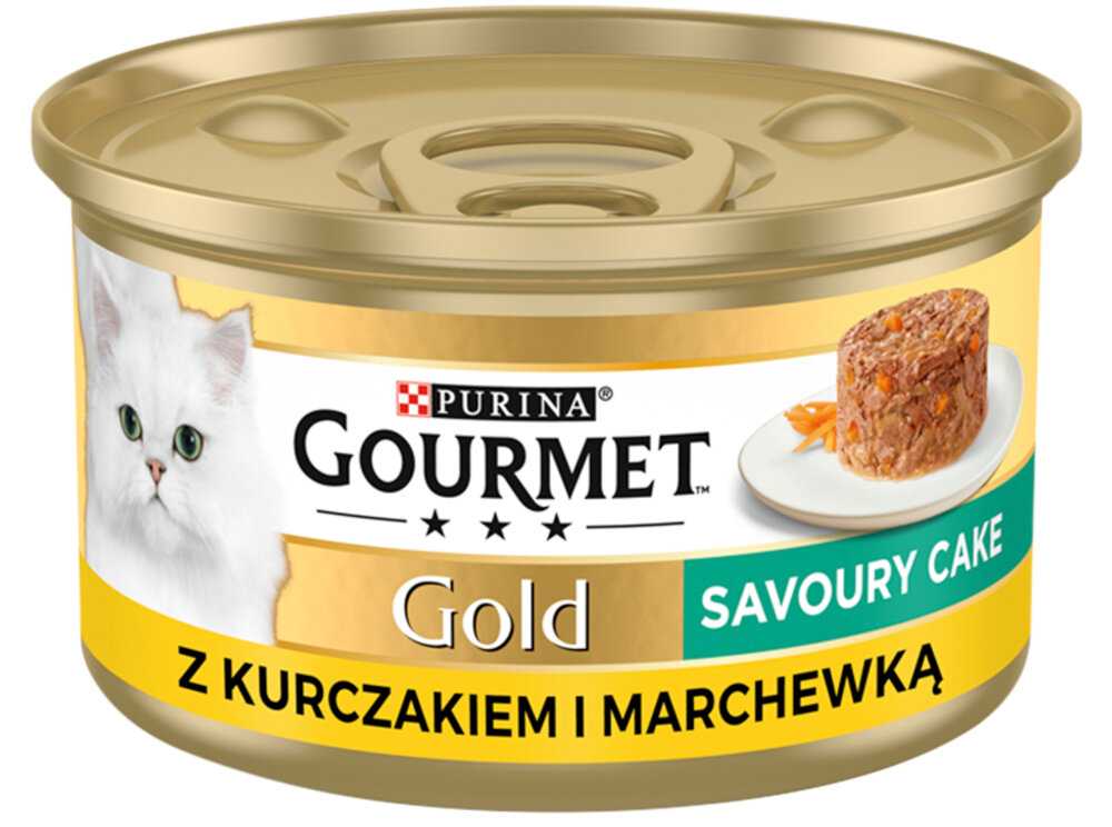 Karma dla kota GOURMET Gold Savoury Cake Kurczak i marchewka 85 g GOURMET Gold Savoury Cake z kurczakiem i marchewką mokra karma dla kotów kawałki mięsa z dodatkiem warzyw i delikatnego sosu dla kotów aromatyczne jedzenie zróżnicowane doznania smakowe