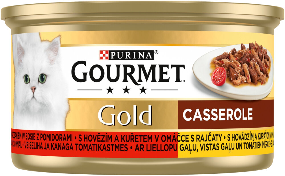 Karma dla kota GOURMET Casserole Wołowina i kurczak w sosie pomidorowym 85 g puszka karmy na białym tle pełnoporcjowe danie w formie smakowitych kąsków aksamitnym, pomidorowym sosie o wyrazistym smaku i atrakcyjnej konsystencji dla kotów o szczególnie wybrednym podniebieniu