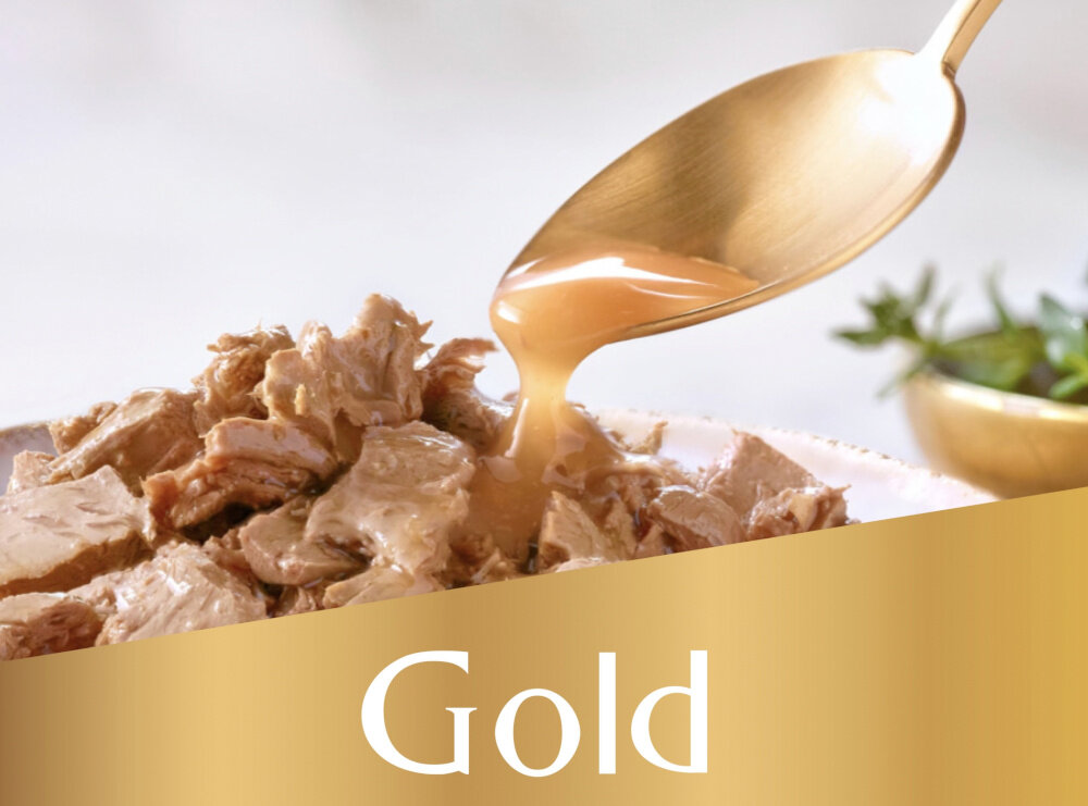 Karma dla kota GOURMET Casserole Wołowina i kurczak w sosie pomidorowym 85 g miska z karmą łyżka z sosem składników wysokiej jakości wołowiny i kurczaka Pomidorowy sos otaczający mięsne kąski mokra karma dla kota wartość energetyczna 850 kcal/kg