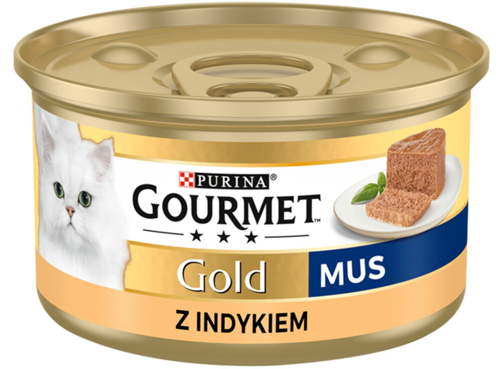 Karma dla kota GOURMET Gold Mus Indyk 85 g puszka karmy na białym tle pełnoporcjowa karma dla dorosłych kotów wyrazisty smak mięsa delikatną, gładką konsystencją musu Aksamitna struktura