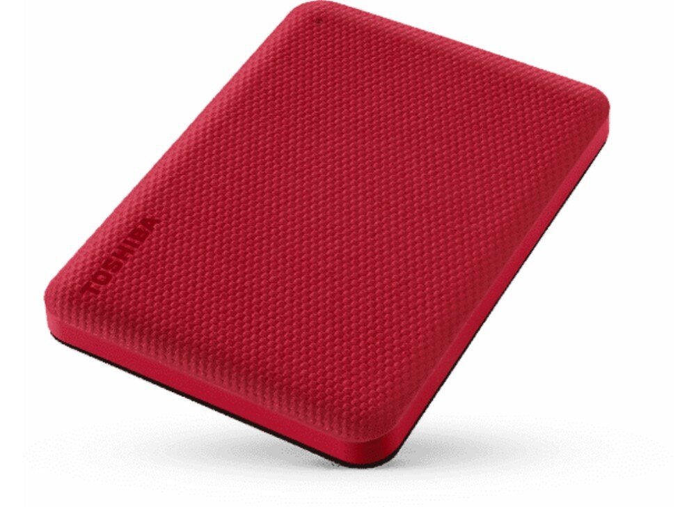 Dysk TOSHIBA Canvio Advance Przenośny dysk zewnętrzny o prostokątnym kształcie z zaokrąglonymi rogami, posiadający fakturowaną obudowę z wytłoczonym napisem 'TOSHIBA', opis