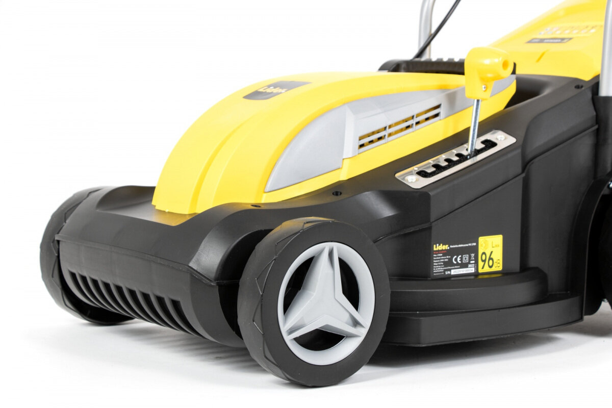 Kosiarka elektryczna LIDER YK1700 1700W noże z wysokiej jakości materiałów szerokość robocza do 38 cm wysokość w zakresie 20-70 mm centralna regulacja wysokości koszenia 3 różne pozycje