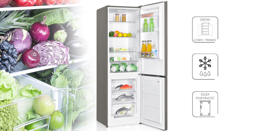 Lodówka MPM-324-KB-35-AA Srebrna wnętrze, półki i szuflady