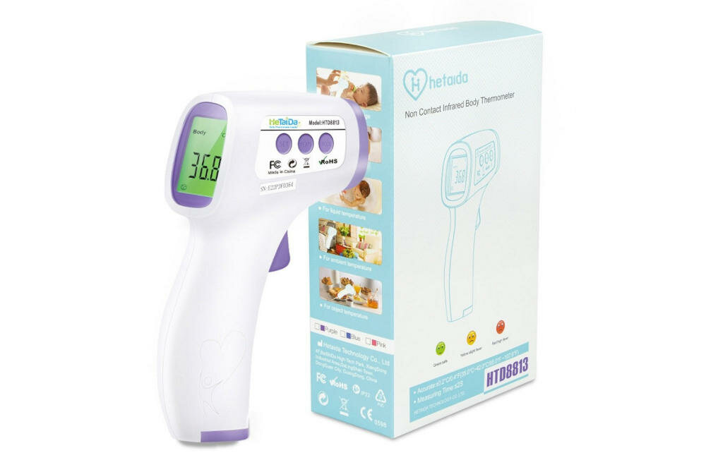 HETAIDA-HTD8813 termometr mierzenie temperatura bezdotykowy kolory podświetlenie pamięć pomiarów ciało pomieszczenie ciecz wyłączanie baterie zasilanie