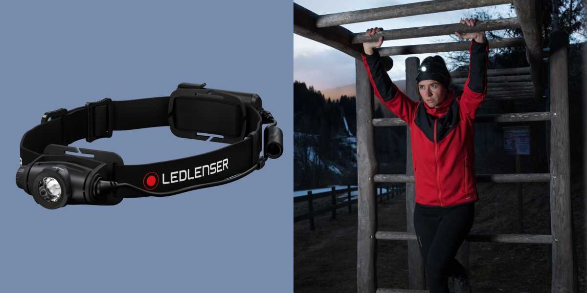 Latarka czołowa LEDLENSER H5 Core, praca, garaż, spacer, wygoda, Latarka czołowa i kobieta ćwicząca o zmroku.