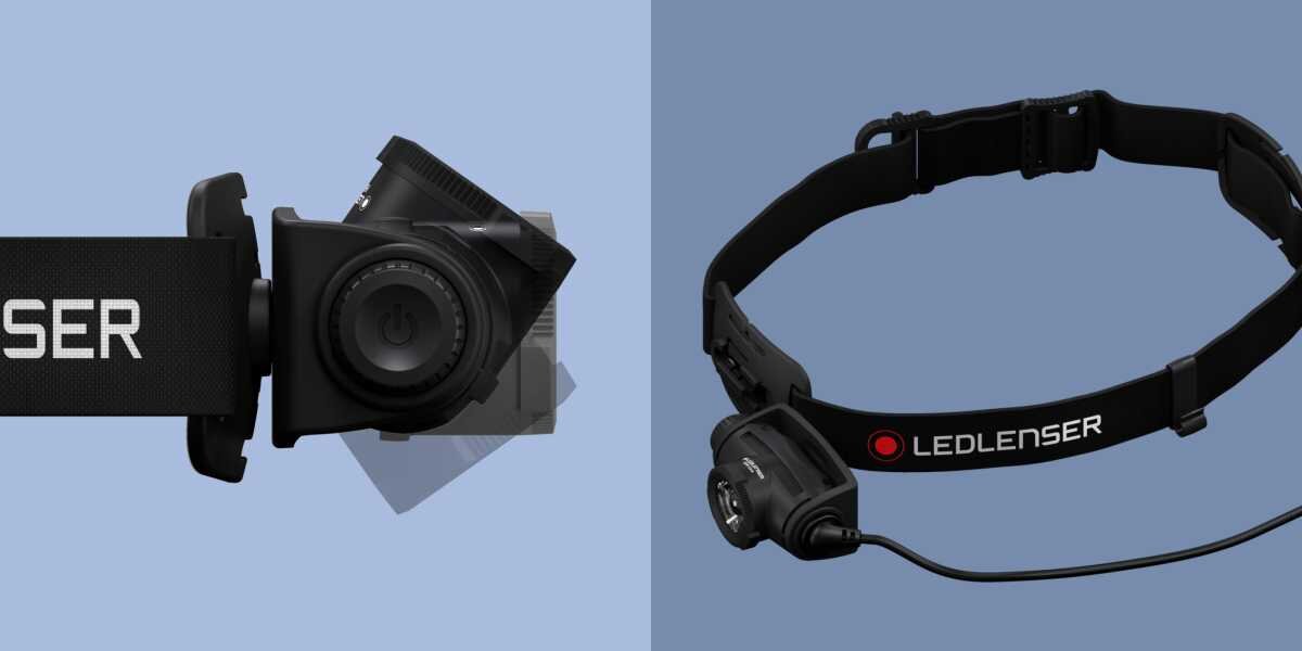 Latarka czołowa LEDLENSER H5 Core, głowica, kąt, ustawienie, komfort, Regulacja kąta nachylenia i widok na kabel.