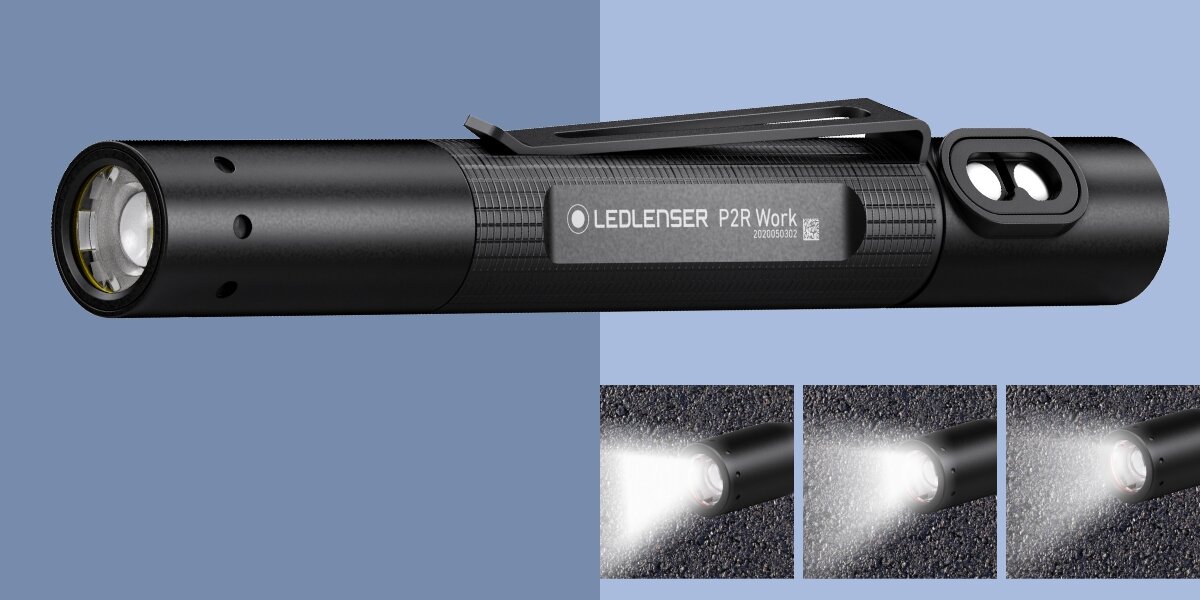 Latarka LEDLENSER P2R Work, Różne tryby oświetlenia, Latarka pokazana od boku z stopniem oświetlenia
