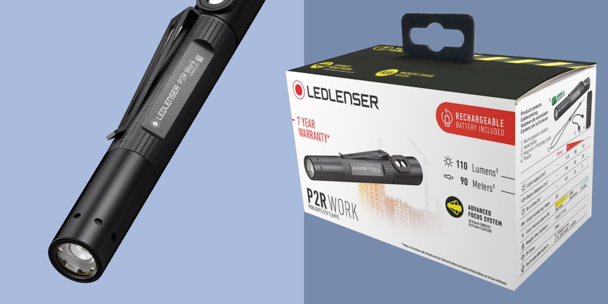 Latarka LEDLENSER P2R Work, Funkcje oszczędzania energii, Na zdjęciu opakowanie latarki wraz z rozpakowaną latarką