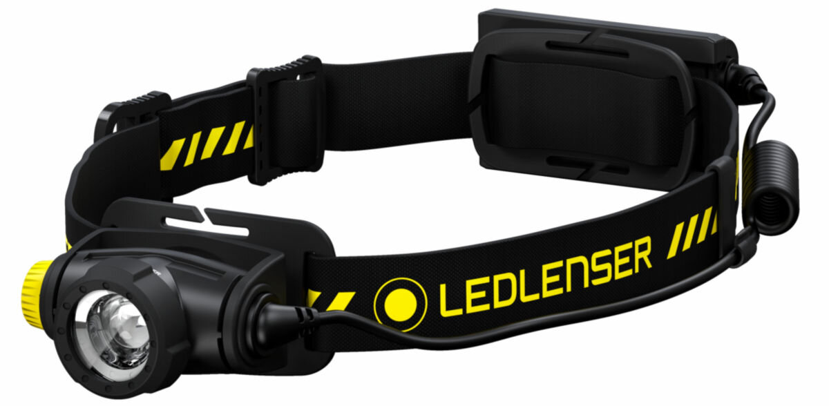 Latarka LEDLENSER H5R Work, wydajne, ergonomiczne, migotanie, barwy, na białym tle latarka frontem prawo skos