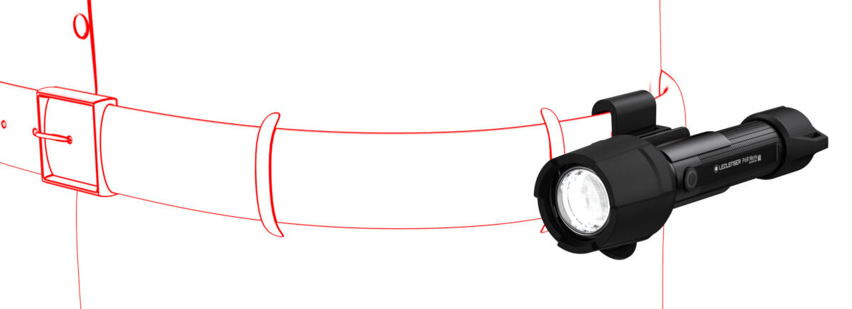 Latarka LEDLENSER P6R Work , tryby, praca, sos, dioda, LED, na białym tle wizualizacja doczepienia etui i latarki do paska spodni